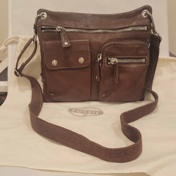 VINTAGE FOSSIL BROWN LEATHER HANDBAG WITH DUST COVER - Picture 1 of 6